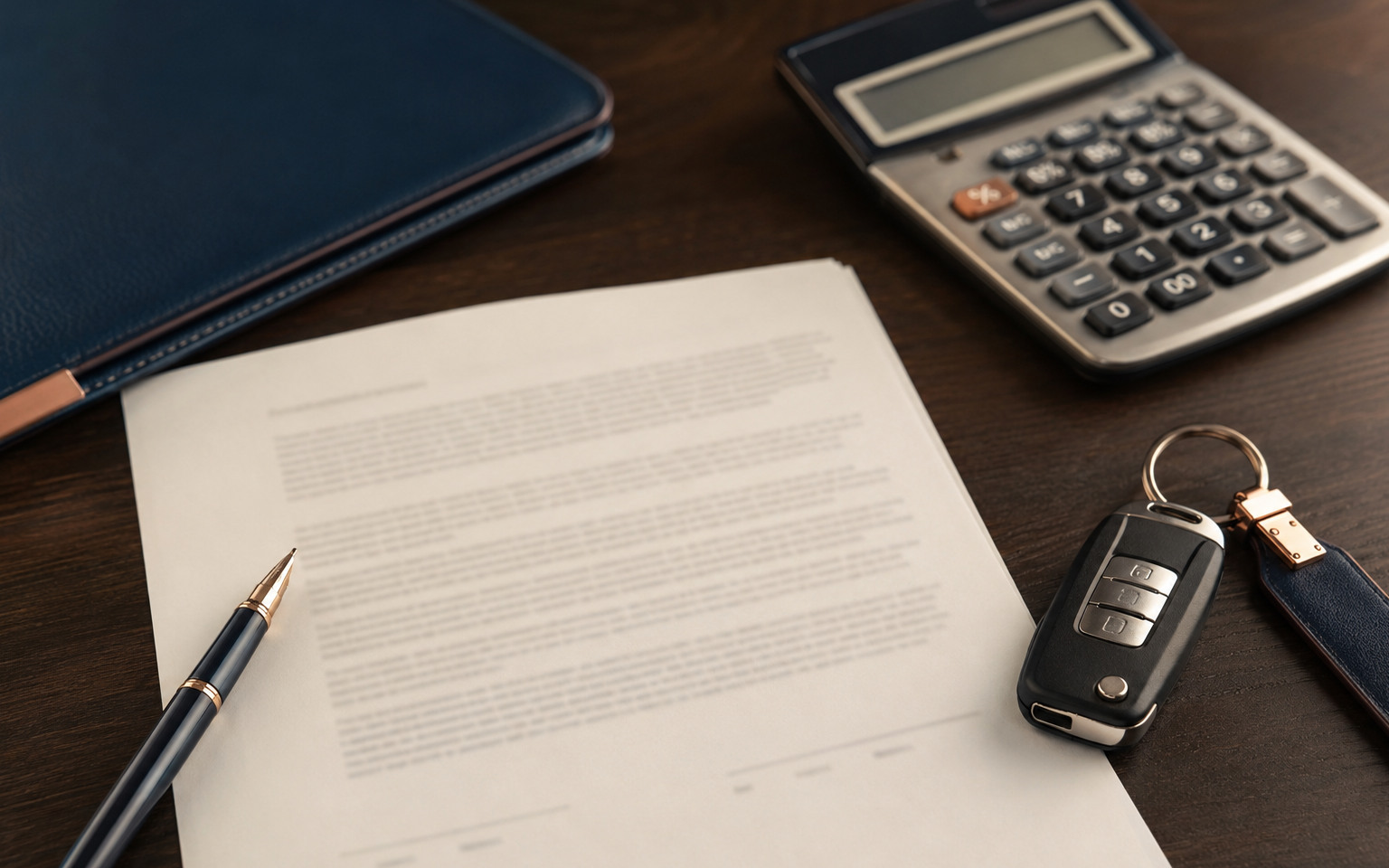 Contrato bancário, calculadora, caneta e chave de automóvel sobre uma mesa