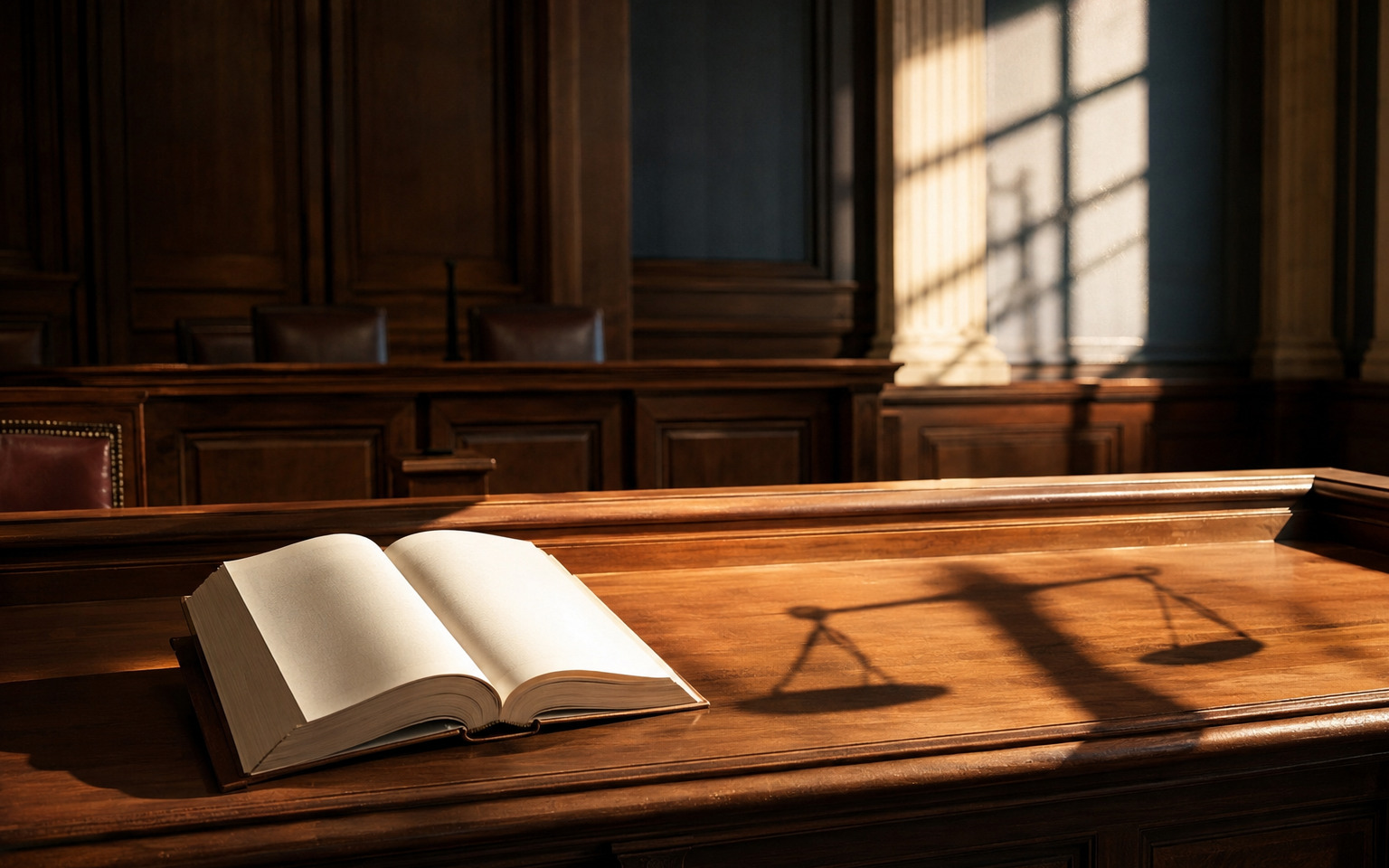 Livro jurídico e balança da Justiça em ambiente sóbrio
