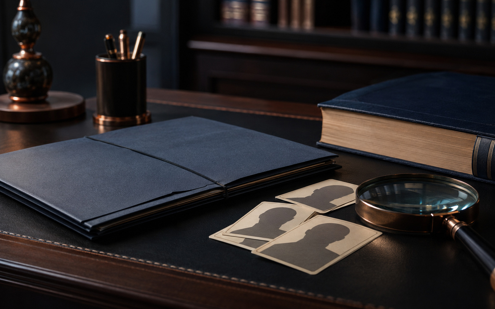 Mesa de análise jurídica com documentos e elementos de identificação visual